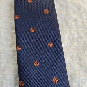 Navy Blue Men's Tie with Orange Basketball Motif